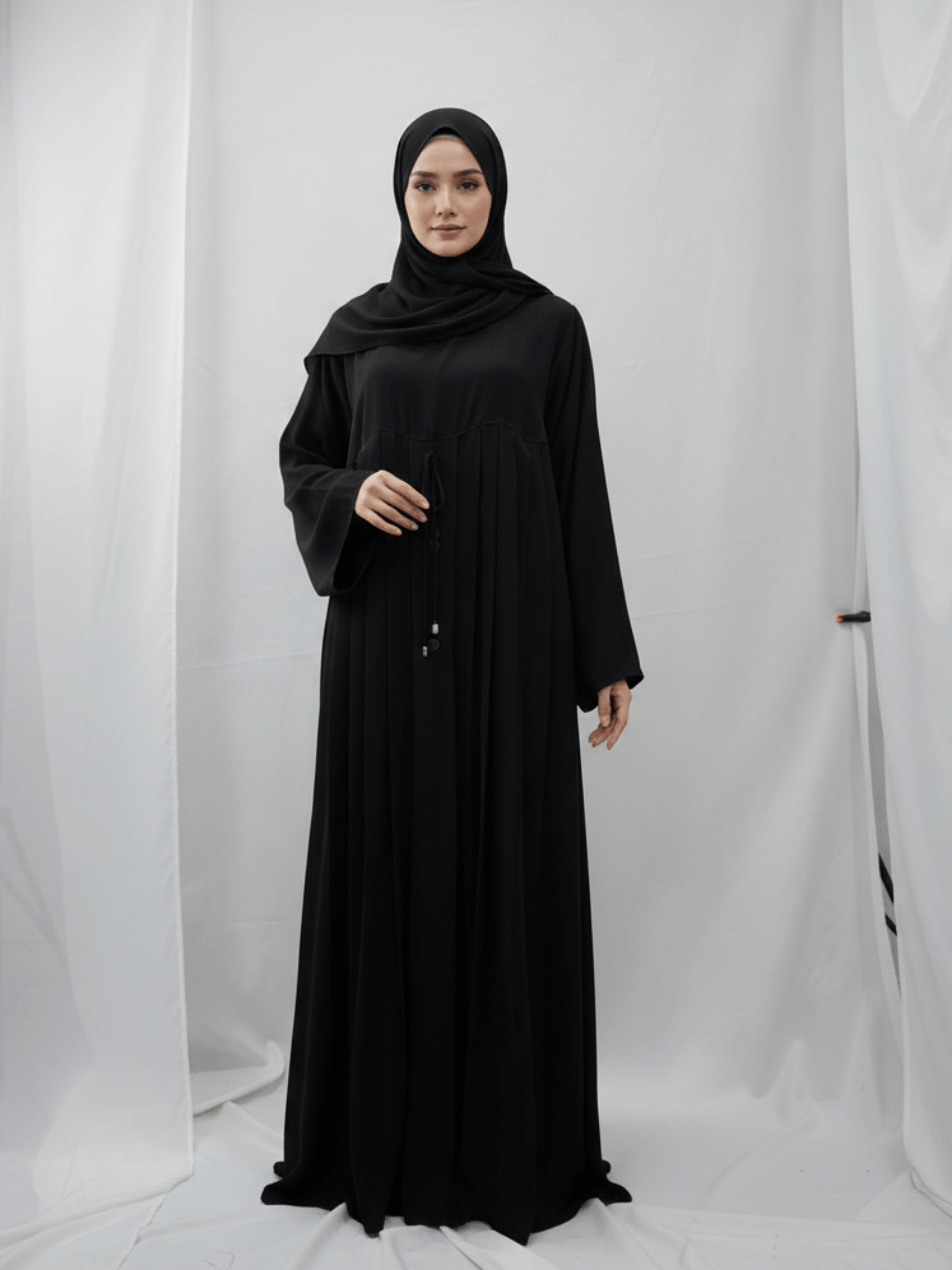 ZW 207 Reem Black Pleated Abaya with Button Detailing