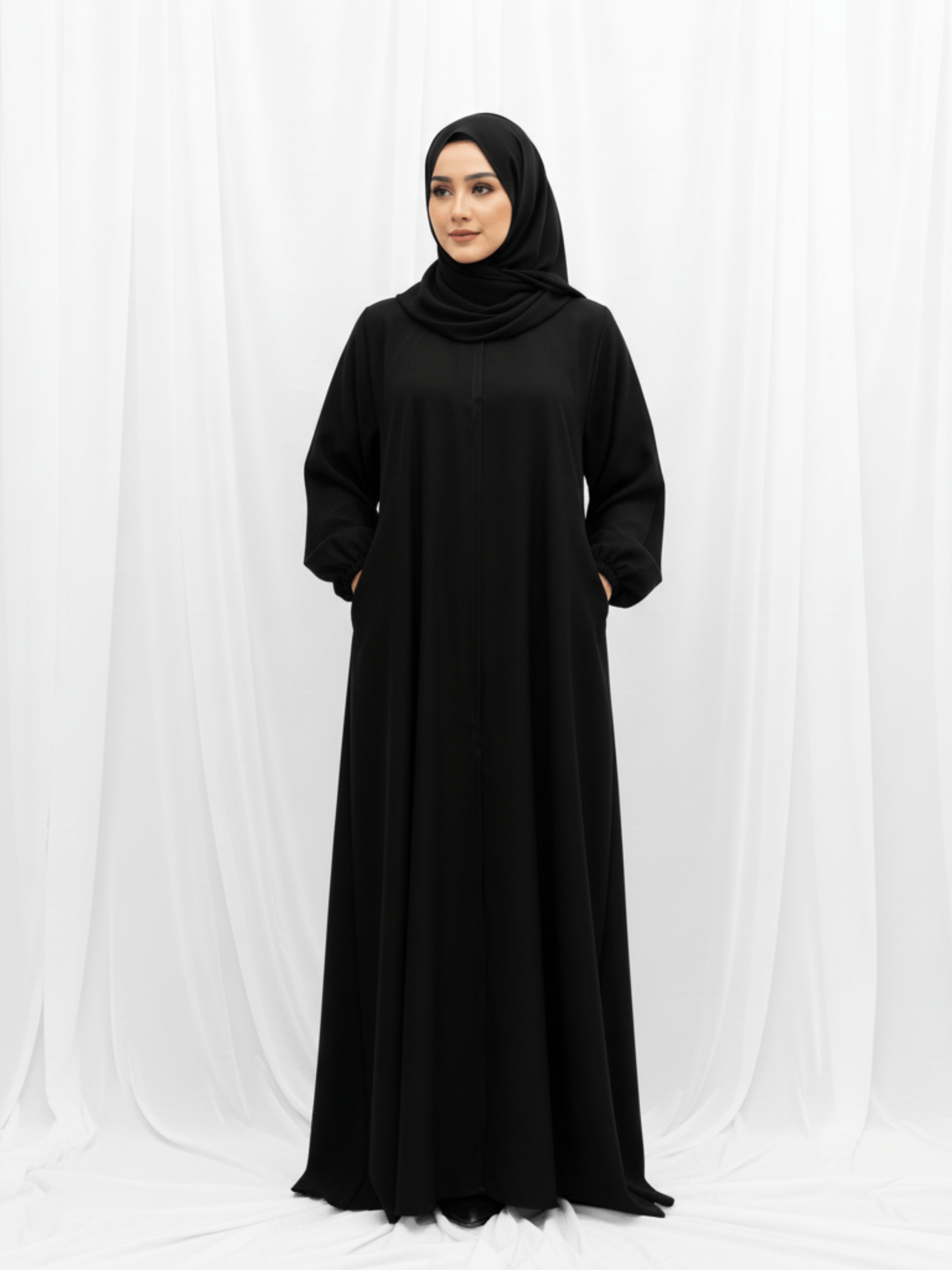 ZW 352 Layla Everyday Black Abaya with Elastic Sleeves & Pockets