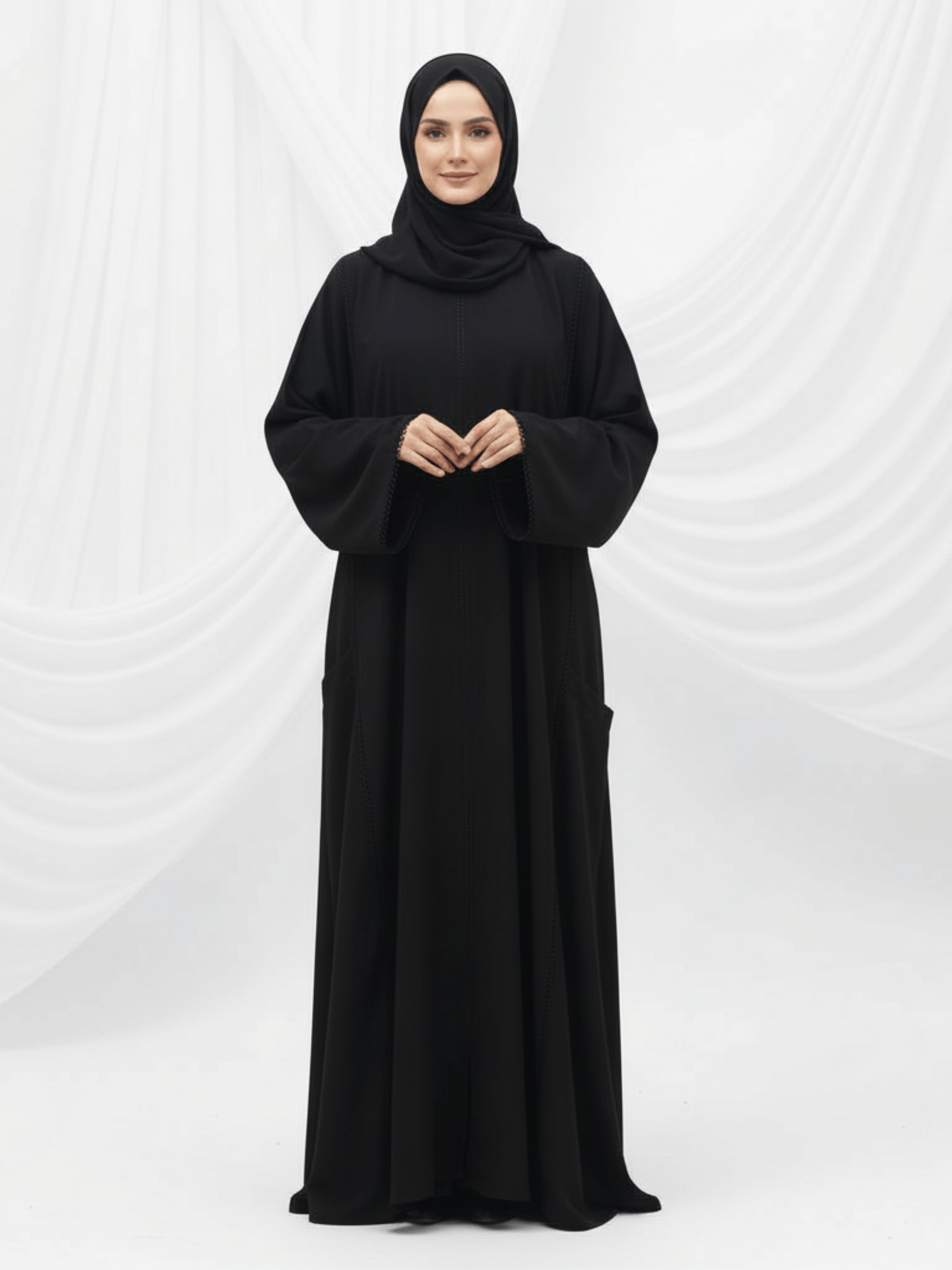 ZW 359 Nora Black Abaya with Stitch Detailing & Side Pockets