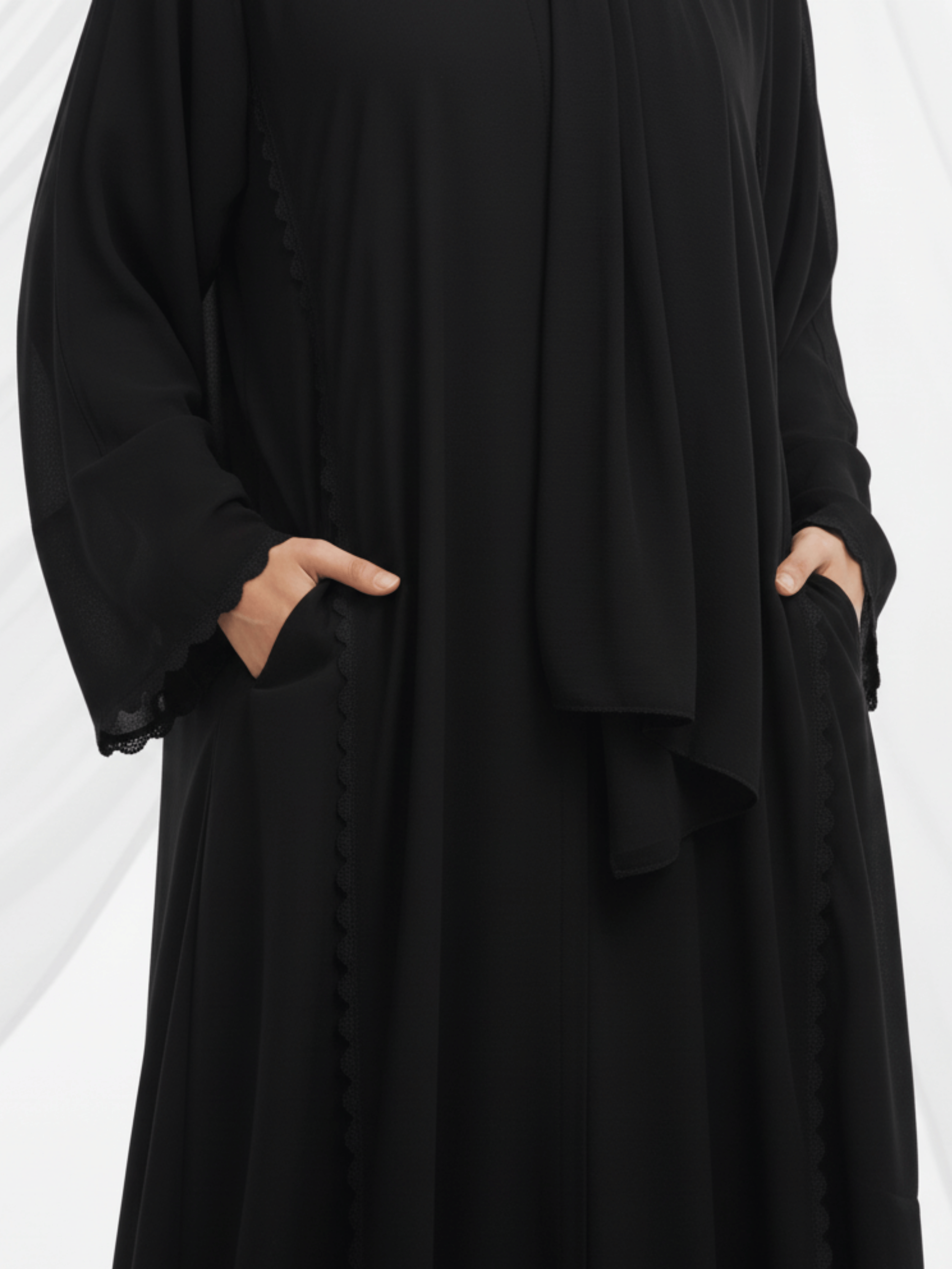 ZW 363 Black Abaya with Scalloped Edge Details & Pockets