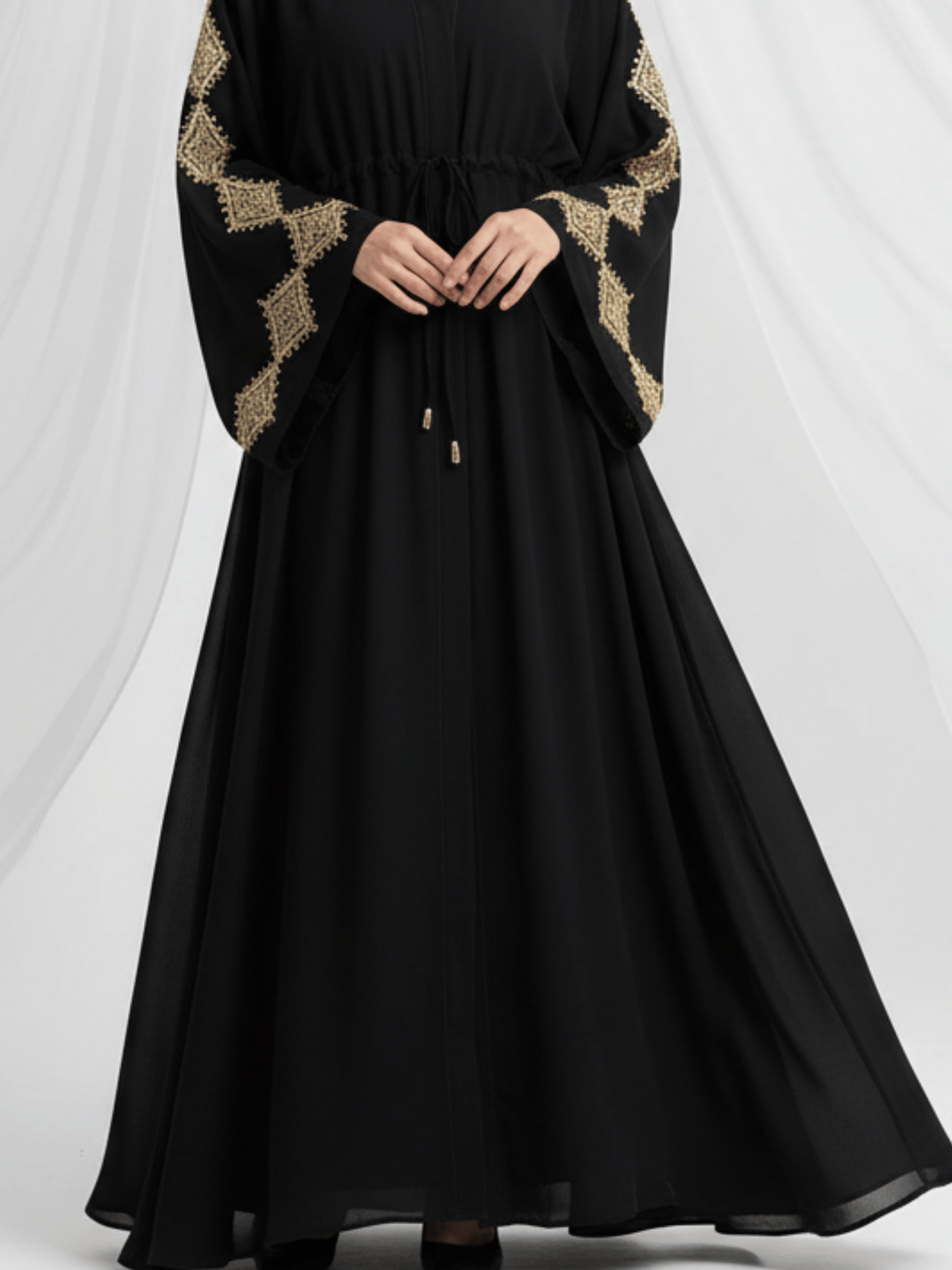 ZW 896 Najma Black Abaya with Gold Lace Sleeves