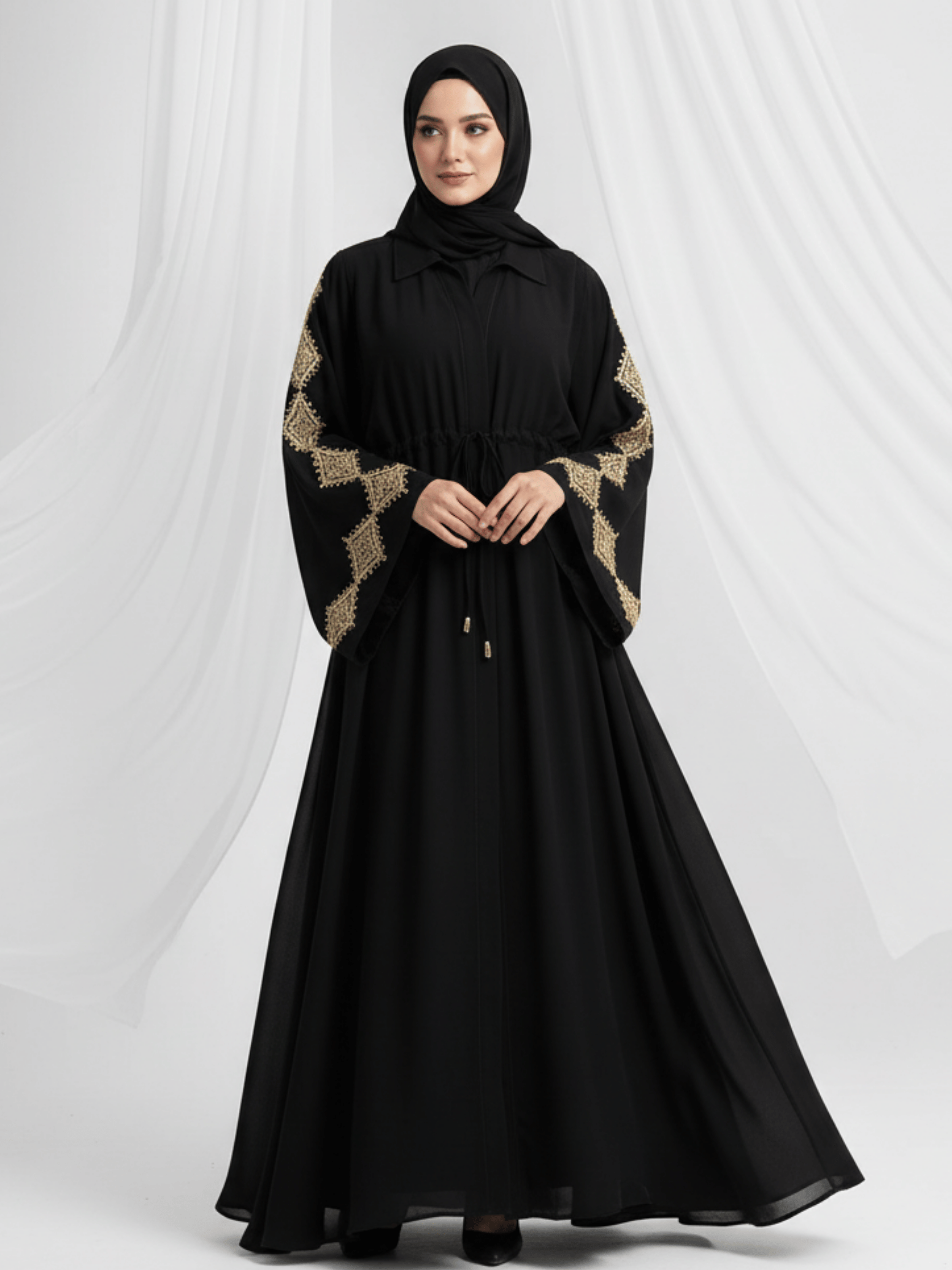 ZW 896 Najma Black Abaya with Gold Lace Sleeves