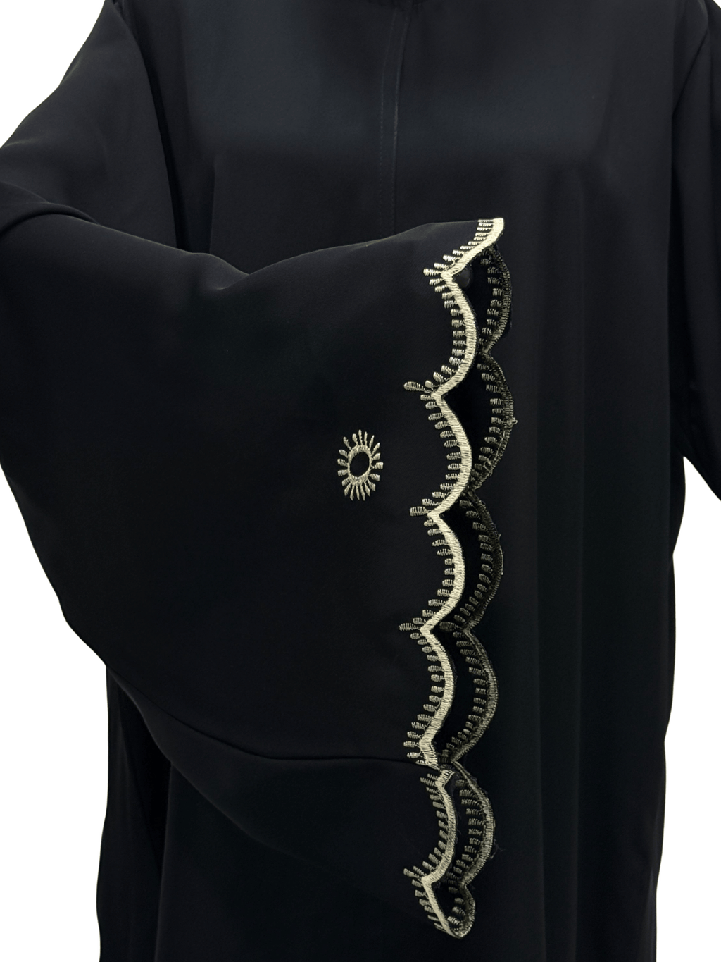ZW 291 Noura Black Abaya with Scalloped Gold Embroidered Sleeves