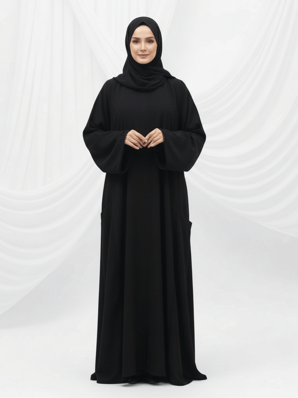 ZW 359 Nora Black Abaya with Stitch Detailing & Side Pockets